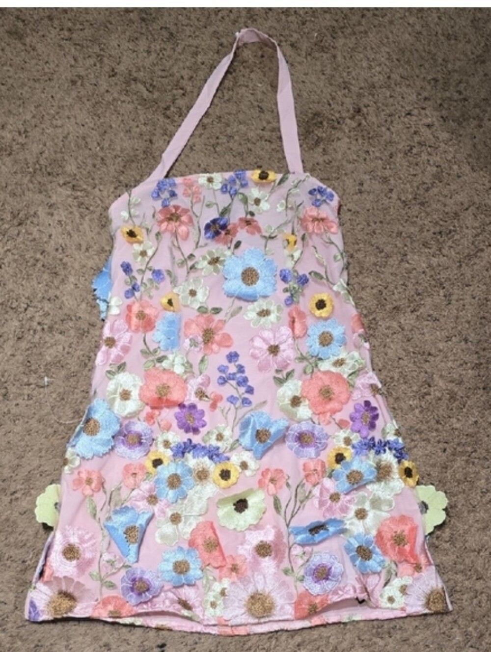 Pink Floral Appliqué Dress with Multicolor Accents